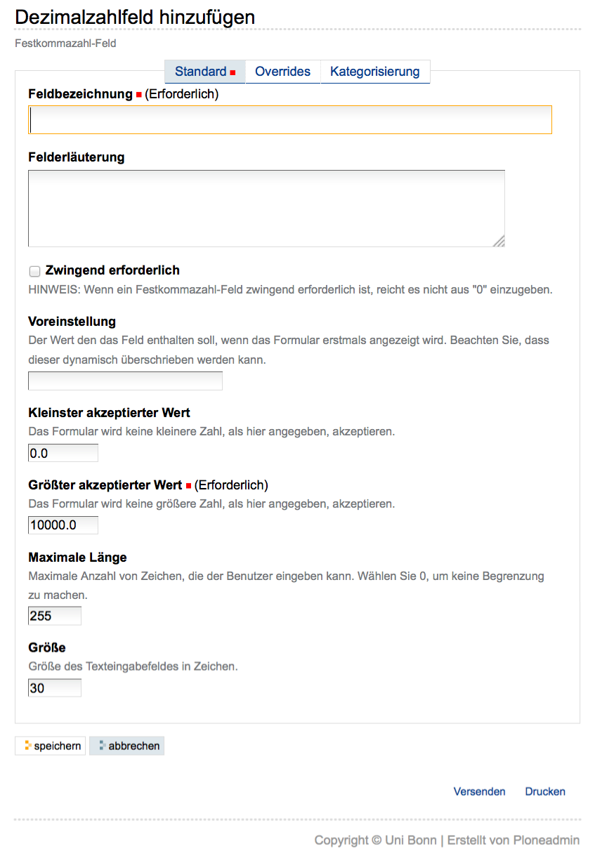 Hinzufügeformular für ein Feld zur Eingabe einer Dezimalzahl