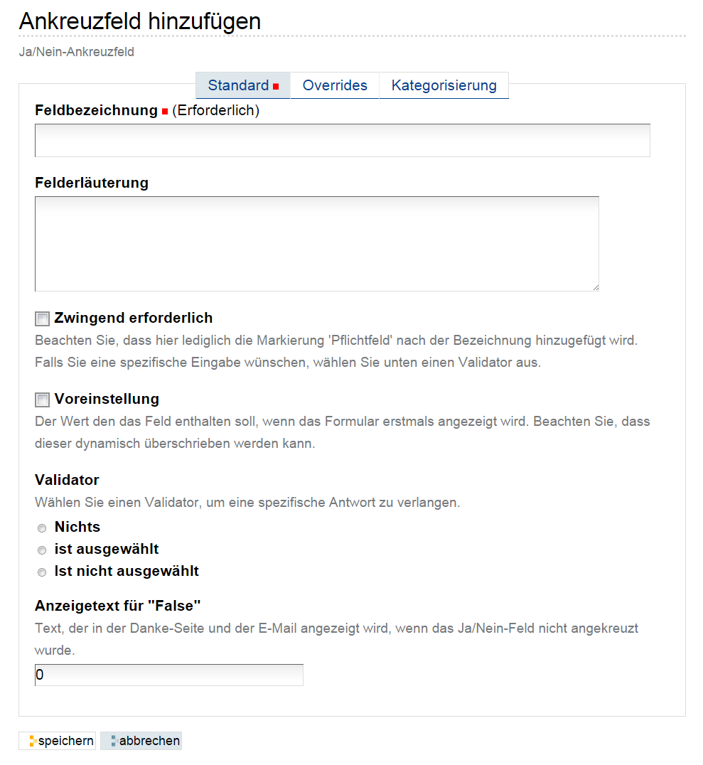 Hinzufügeformular für ein Checkbox-Feld