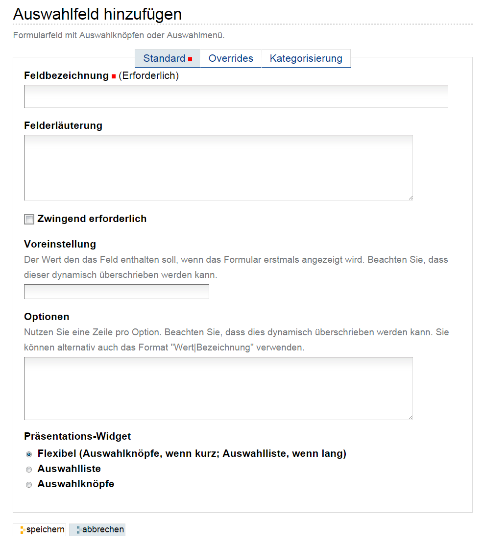 Hinzufügeformular für ein Auswahl-Feld