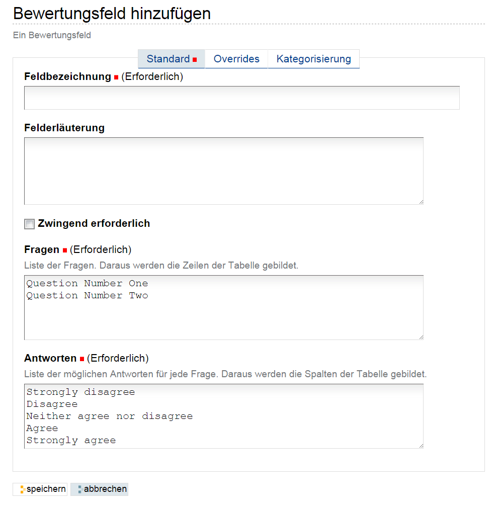 Hinzufügeformular für ein Bewertungs-Feld