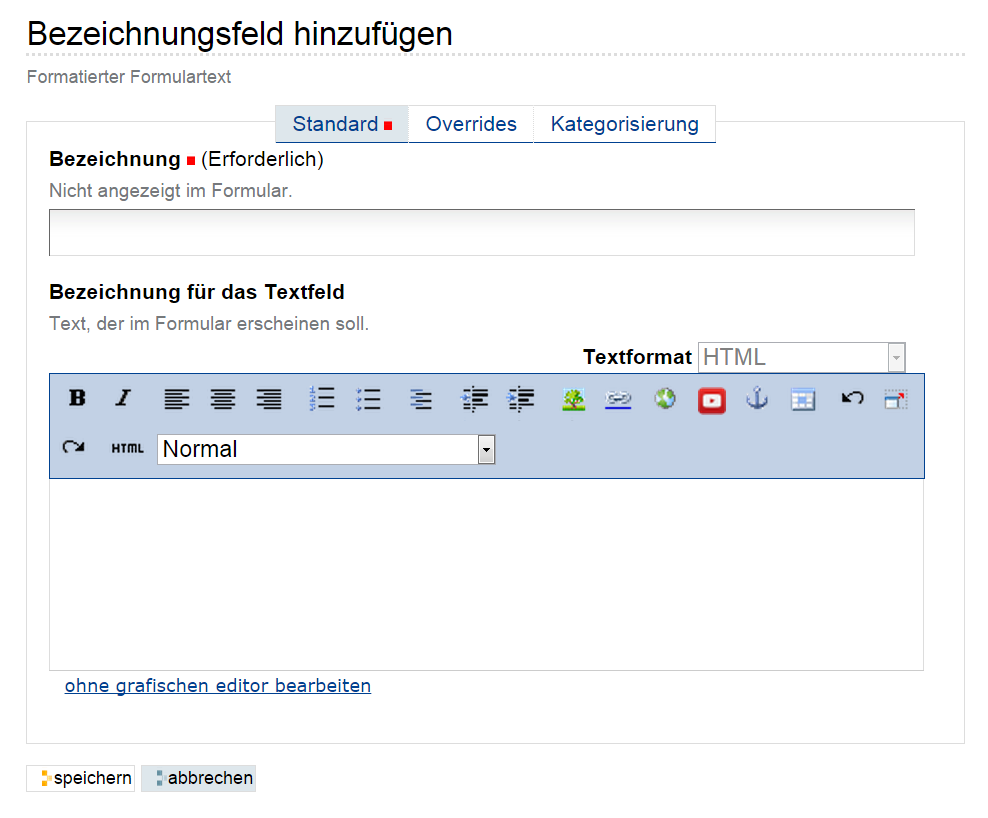 Hinzufügeformular für fomratierten Text