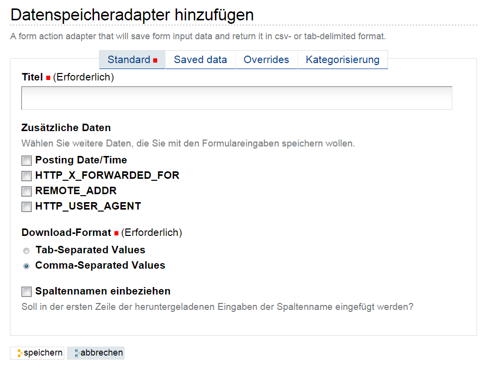 Formular zum Hinzufügen eines Datenspeichers