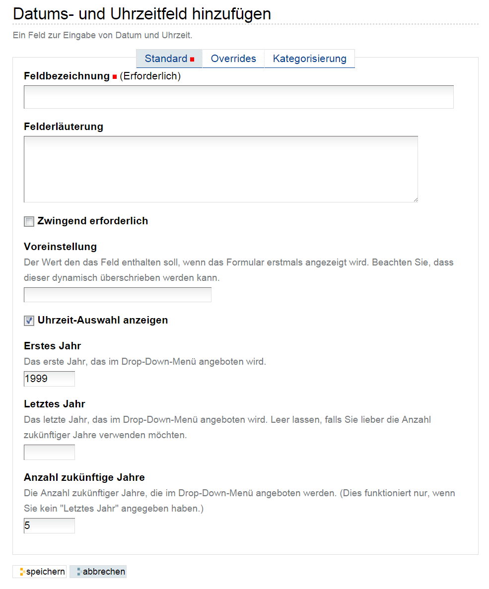 Hinzufügeformular für ein Datums- und Uhrzeit-Feld