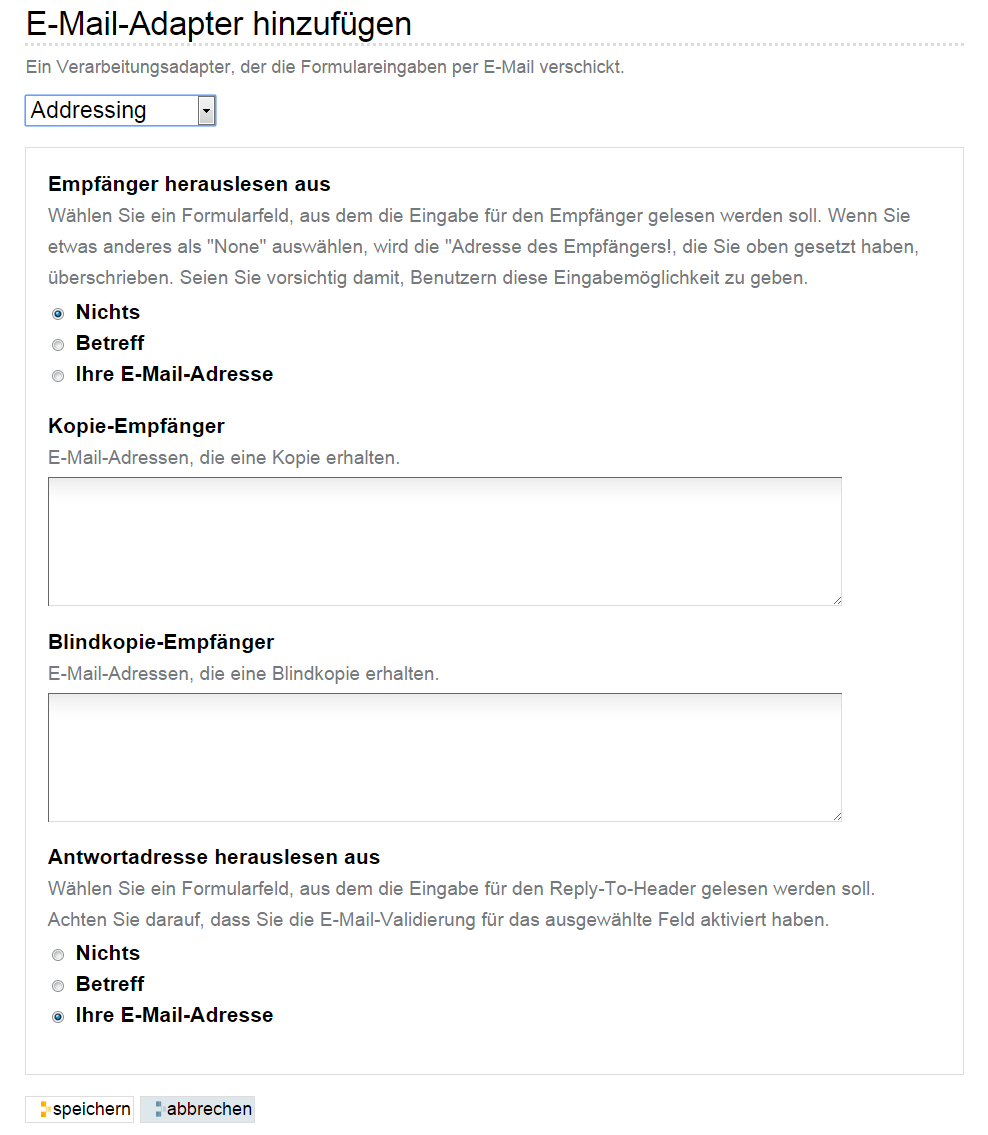 Teilformular »Adressing«