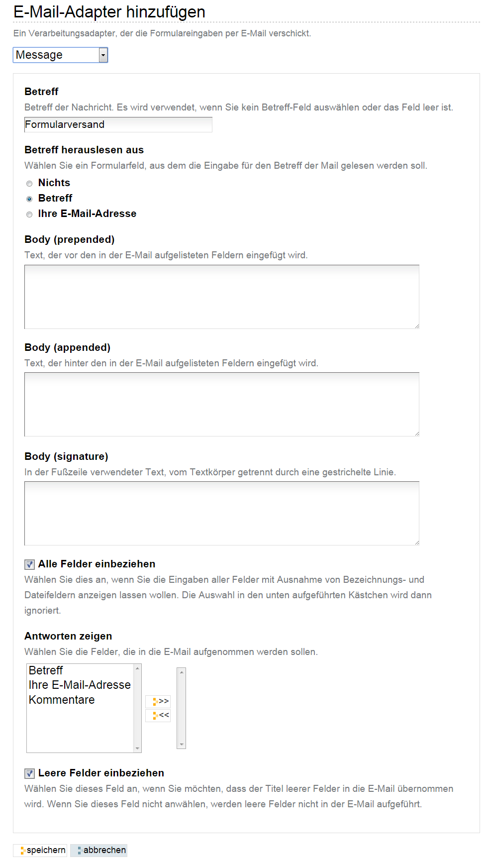 Teilformular »Message«