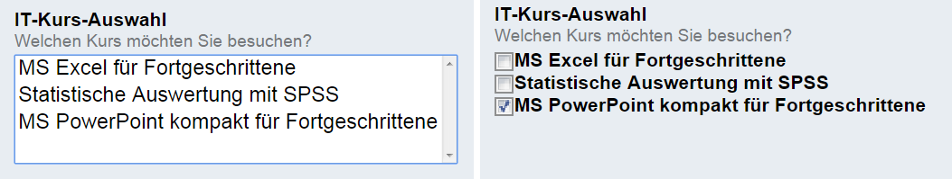 Anzeigevarianten eines Mehrfach-Auswahl-Feldes