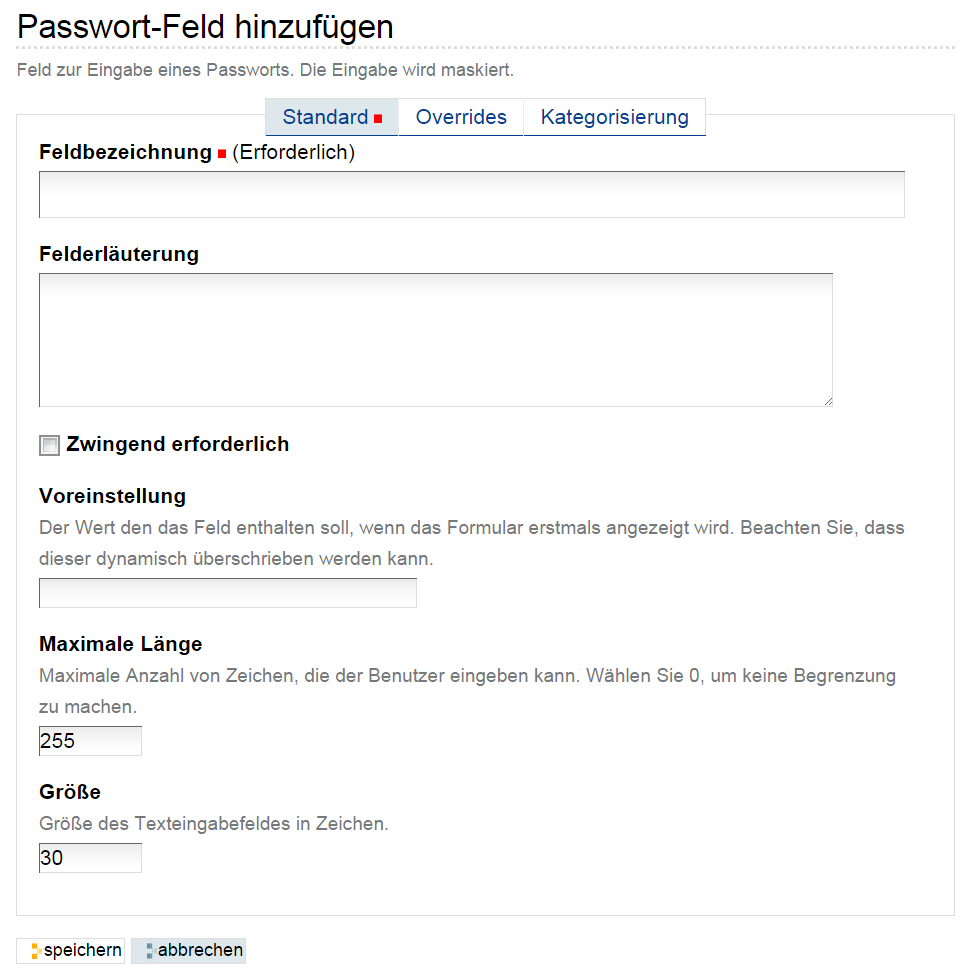 Hinzufügeformular für ein Passwort-Feld