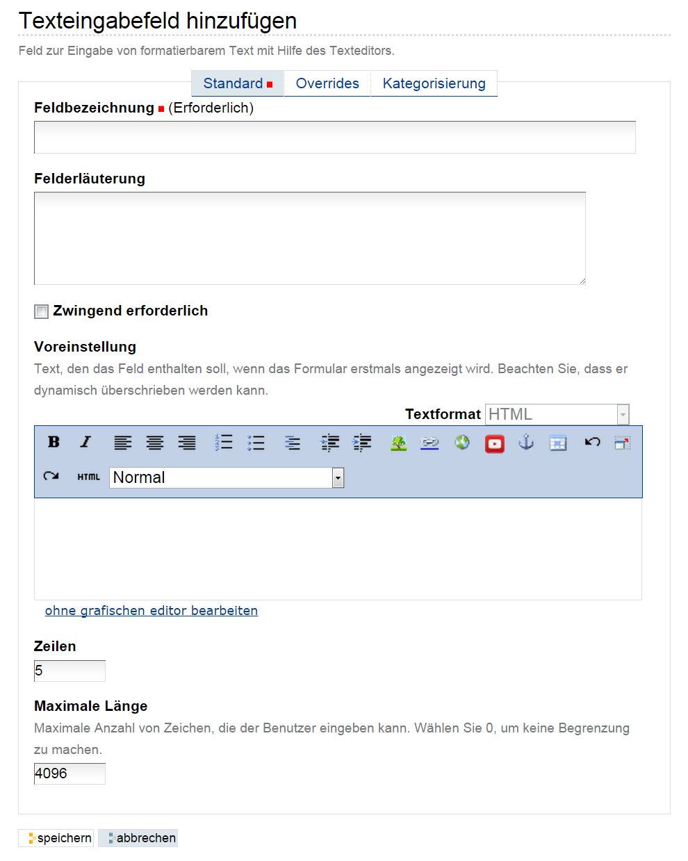 Hinzufügeformular für ein Feld für formatierbaren Text