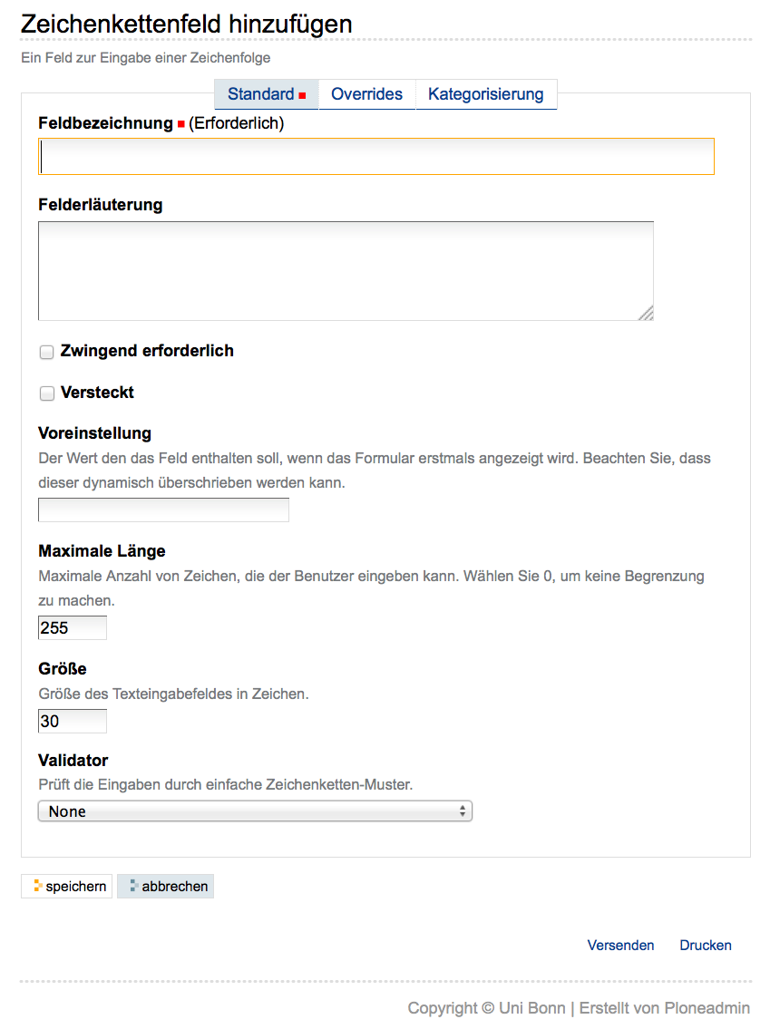 Hinzufügeformular für ein Feld zur Eingabe einer Textzeile