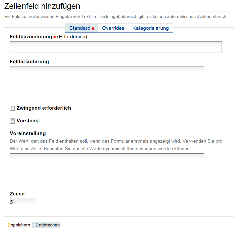 Hinzufügeformular für ein Zeilen-Feld