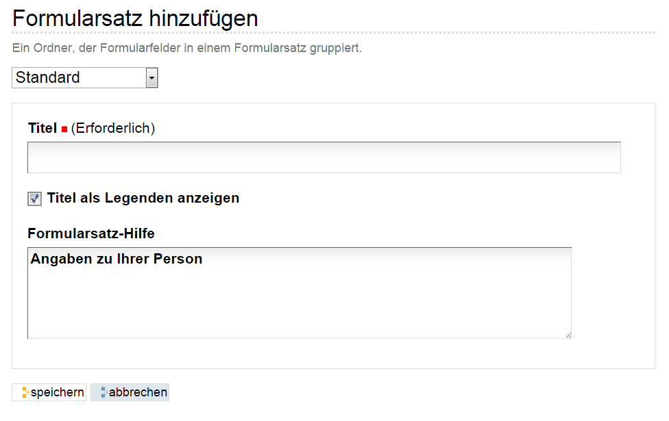 Hinzufügeformular für ein Fieldset