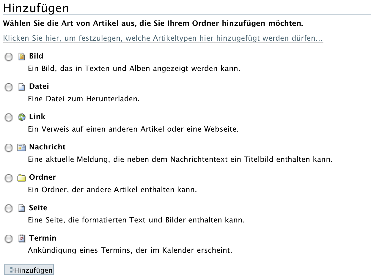 Auswahlformular mit allen Artikeltypen, die hinzugefügt werden können