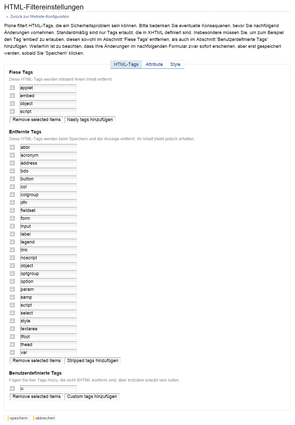 Menü zur Bestimmung von HTML-Tags, die gefiltert werden sollen