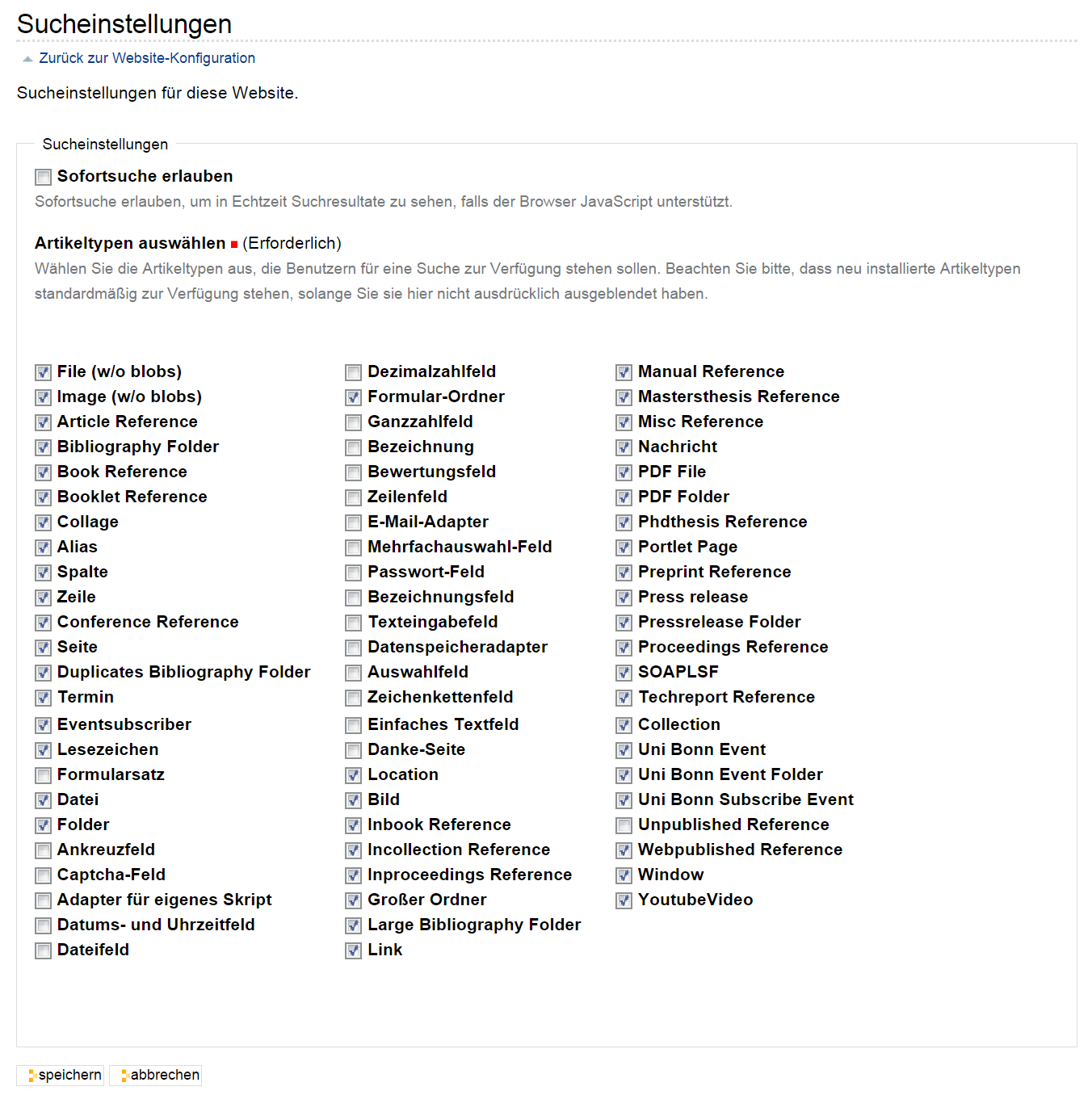 Konfigurationsmenü zur Einstellung der Suche