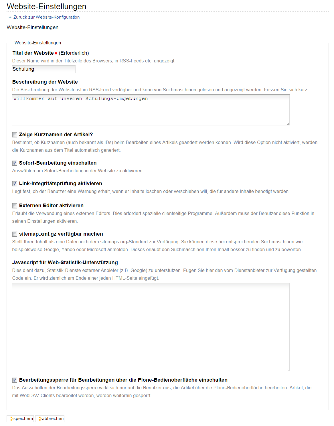 Konfigurationsmenü »Website«