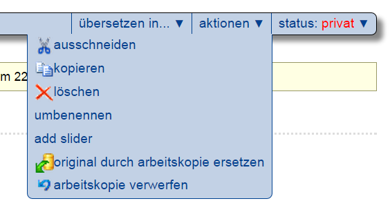 Aktionsmenü mit Einträgen für Arbeitskopien