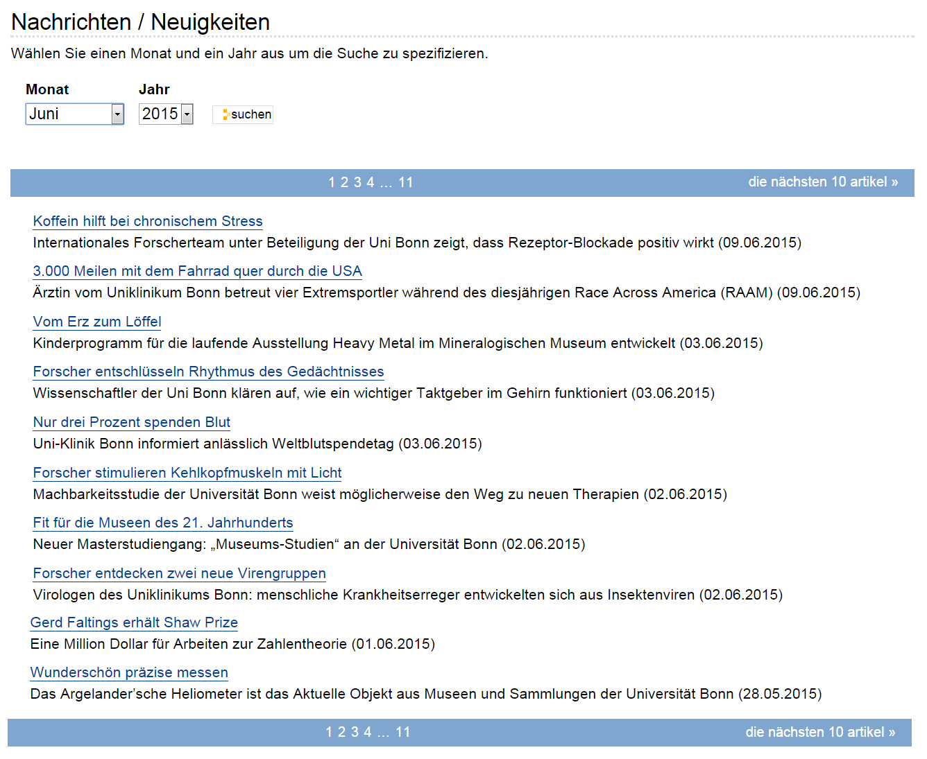 Auflistung der Pressemitteilungen