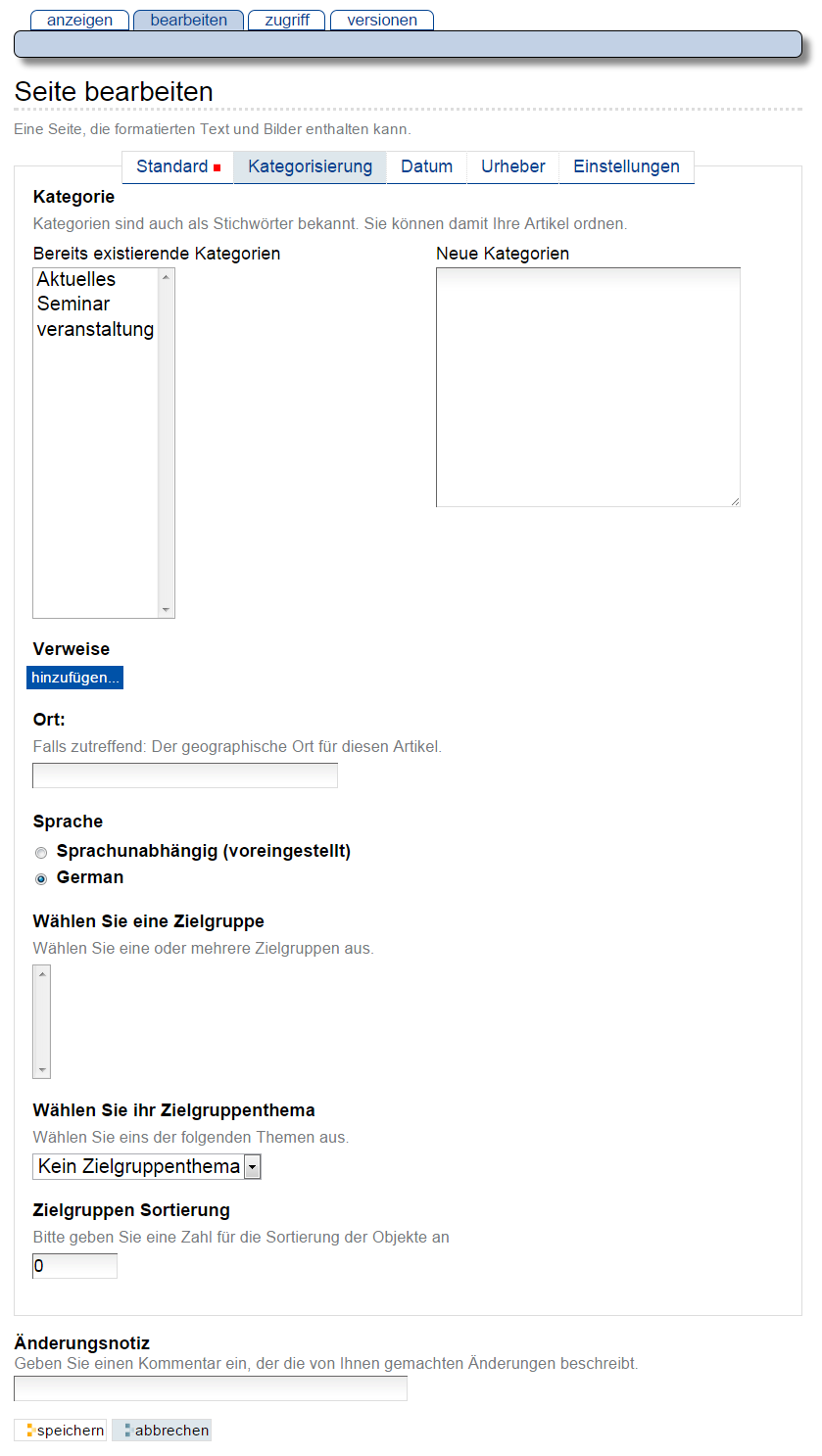 Das Teilformular Kategorisierung