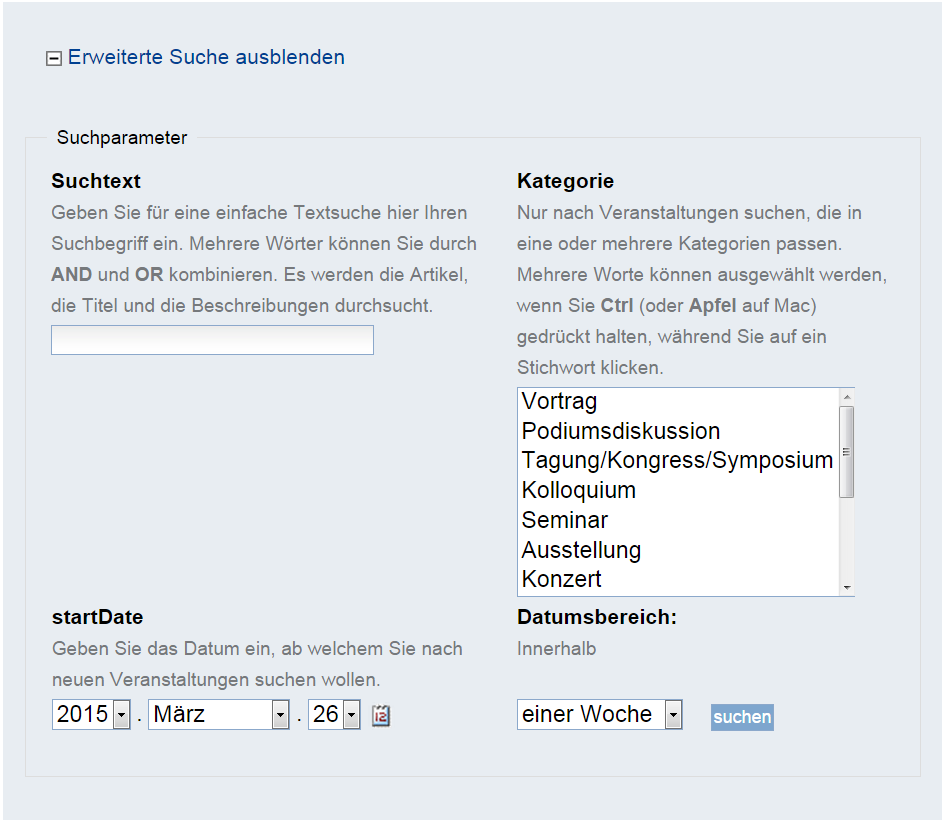 Veranstaltungen erweiterte Suche
